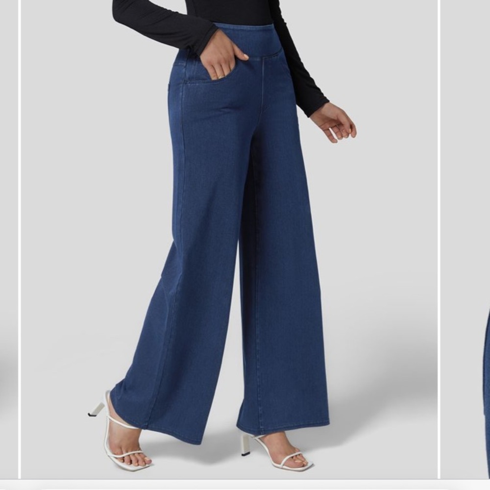 HalaraMagic High Waisted Wide Leg Loose Stretchy Knit Work Jeans Navy Blue
